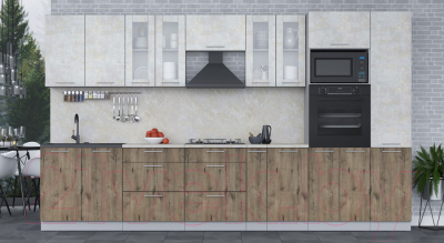 Кухонный гарнитур Интерлиния Мила 3.6 ВТ (бетон лайт/дуб веллингтон/опал светлый)