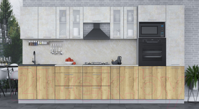 Кухонный гарнитур Интерлиния Мила 3.6 ВТ (бетон лайт/дуб золотой/опал светлый)