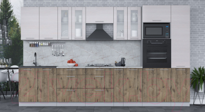 Кухонный гарнитур Интерлиния Мила 3.6 ВТ (вудлайн кремовый/дуб веллингтон/серый каспий)