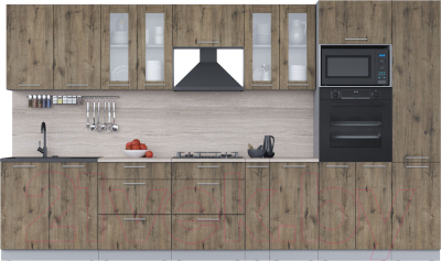 Кухонный гарнитур Интерлиния Мила 3.6 ВТ (дуб веллингтон/дуб веллингтон/травертин серый) - фото