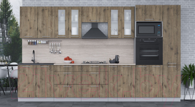 Кухонный гарнитур Интерлиния Мила 3.6 ВТ (дуб веллингтон/дуб веллингтон/травертин серый)