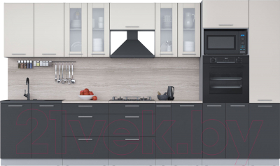 Кухонный гарнитур Интерлиния Мила 3.6 ВТ (персидский жемчуг/антрацит/травертин серый) - фото