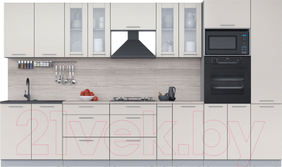 Кухонный гарнитур Интерлиния Мила 3.6 ВТ (персидский жемчуг/персидский жемчуг/травертин серый) - фото