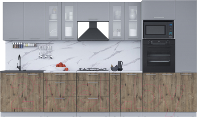 Кухонный гарнитур Интерлиния Мила 3.6 ВТ (серебро/дуб веллингтон/белый гранит) - фото