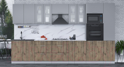 Кухонный гарнитур Интерлиния Мила 3.6 ВТ (серебро/дуб веллингтон/белый гранит)