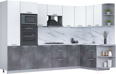 Кухонный гарнитур Интерлиния Мила Лайт 1.68x3.2 правая (белый платинум/бетон портленд/белый гранит) - фото