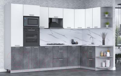 Кухонный гарнитур Интерлиния Мила Лайт 1.68x3.2 правая (белый платинум/бетон портленд/белый гранит)