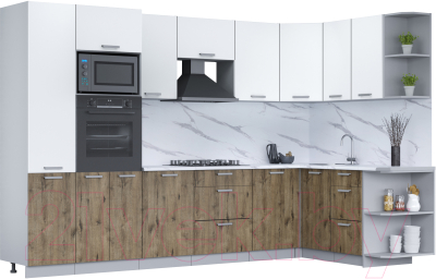 Кухонный гарнитур Интерлиния Мила Лайт 1.68x3.2 правая (белый платинум/дуб веллингтон/белый гранит) - фото