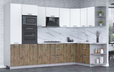 Кухонный гарнитур Интерлиния Мила Лайт 1.68x3.2 правая (белый платинум/дуб веллингтон/белый гранит)