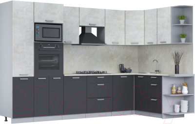 Кухонный гарнитур Интерлиния Мила Лайт 1.68x3.2 правая (бетон лайт/антрацит/опал светлый) - фото