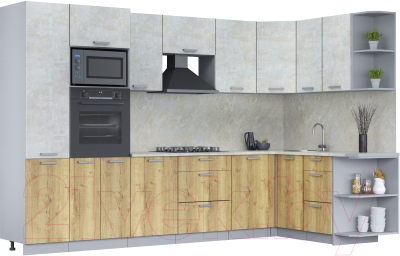 Кухонный гарнитур Интерлиния Мила Лайт 1.68x3.2 правая (бетон лайт/дуб золотой/опал светлый) - фото