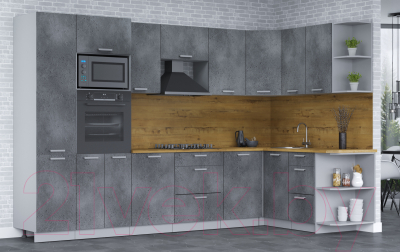 Кухонный гарнитур Интерлиния Мила Лайт 1.68x3.2 правая (бетон потленд/бетон портленд/дуб бунратти)