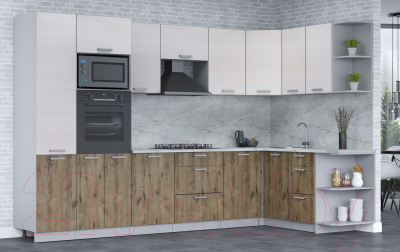 Кухонный гарнитур Интерлиния Мила Лайт 1.68x3.2 правая (вудлайн кремовый/дуб веллингтон/серый каспий)