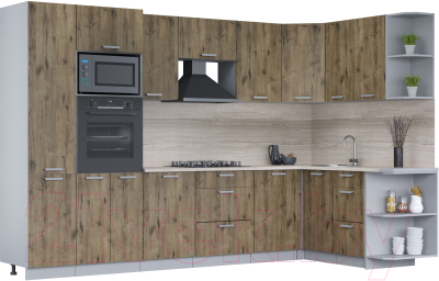 Кухонный гарнитур Интерлиния Мила Лайт 1.68x3.2 правая (дуб веллингтон/дуб веллингтон/травертин серый) - фото