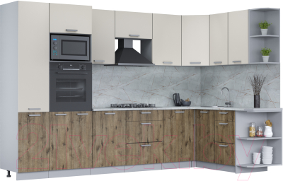 Кухонный гарнитур Интерлиния Мила Лайт 1.68x3.2 правая (персидский жемчуг/дуб веллингтон/серый каспий) - фото