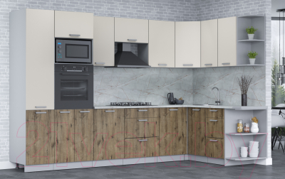 Кухонный гарнитур Интерлиния Мила Лайт 1.68x3.2 правая (персидский жемчуг/дуб веллингтон/серый каспий)