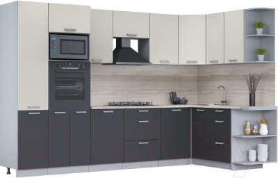 Кухонный гарнитур Интерлиния Мила Лайт 1.68x3.2 правая (персидский жемчуг/антрацит/травертин серый) - фото