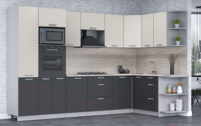 Кухонный гарнитур Интерлиния Мила Лайт 1.68x3.2 правая (персидский жемчуг/антрацит/травертин серый)