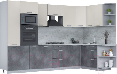 Кухонный гарнитур Интерлиния Мила Лайт 1.68x3.2 правая (персидский жемчуг/бетон портленд/серый каспий) - фото