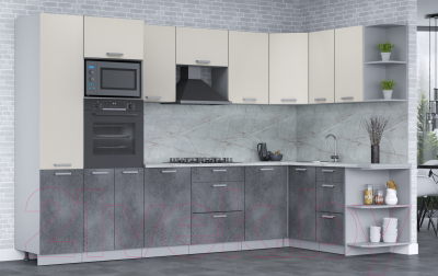 Кухонный гарнитур Интерлиния Мила Лайт 1.68x3.2 правая (персидский жемчуг/бетон портленд/серый каспий)