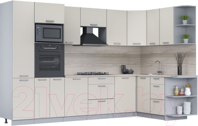 Кухонный гарнитур Интерлиния Мила Лайт 1.68x3.2 правая (персидский жемчуг/персидский жемчуг/травертин серый) - фото