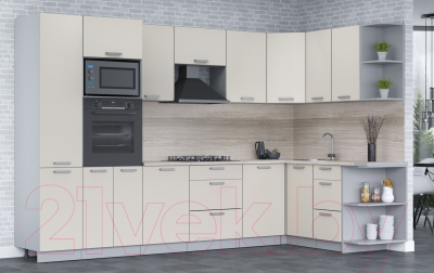 Кухонный гарнитур Интерлиния Мила Лайт 1.68x3.2 правая (персидский жемчуг/персидский жемчуг/травертин серый)