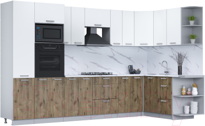 Кухонный гарнитур Интерлиния Мила Лайт 1.68x3.4 правая (белый платинум/дуб веллингтон/белый гранит) - фото