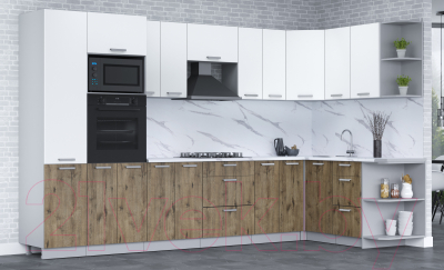 Кухонный гарнитур Интерлиния Мила Лайт 1.68x3.4 правая (белый платинум/дуб веллингтон/белый гранит)