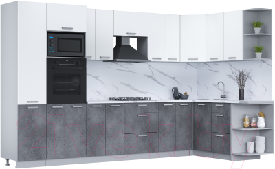 Кухонный гарнитур Интерлиния Мила Лайт 1.68x3.4 правая (белый платинум/бетон портленд/белый гранит) - фото