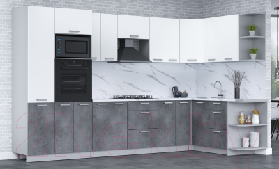 Кухонный гарнитур Интерлиния Мила Лайт 1.68x3.4 правая (белый платинум/бетон портленд/белый гранит)