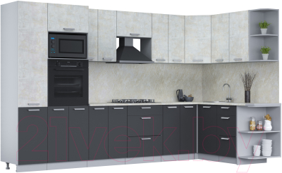 Кухонный гарнитур Интерлиния Мила Лайт 1.68x3.4 правая (бетон лайт/антрацит/опал светлый) - фото
