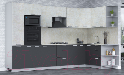 Кухонный гарнитур Интерлиния Мила Лайт 1.68x3.4 правая (бетон лайт/антрацит/опал светлый)