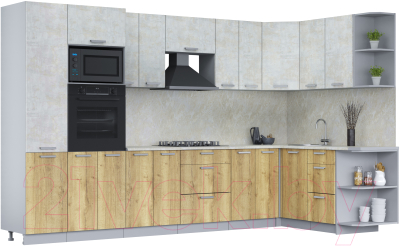 Кухонный гарнитур Интерлиния Мила Лайт 1.68x3.4 правая (бетон лайт/дуб золотой/опал светлый) - фото