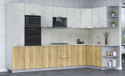 Кухонный гарнитур Интерлиния Мила Лайт 1.68x3.4 правая (бетон лайт/дуб золотой/опал светлый)