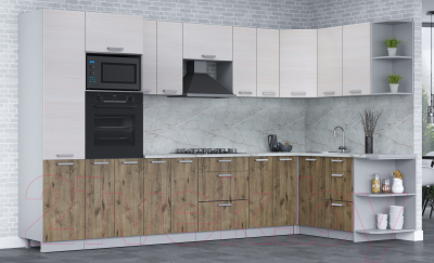 Кухонный гарнитур Интерлиния Мила Лайт 1.68x3.4 правая (вудлайн кремовый/дуб веллингтон/серый каспий)