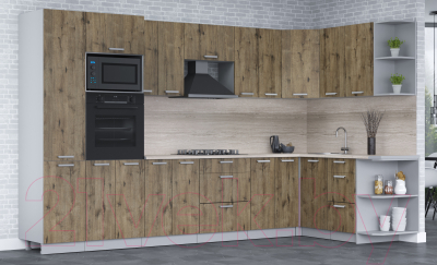 Кухонный гарнитур Интерлиния Мила Лайт 1.68x3.4 правая (дуб веллингтон/дуб веллингтон/травертин серый)