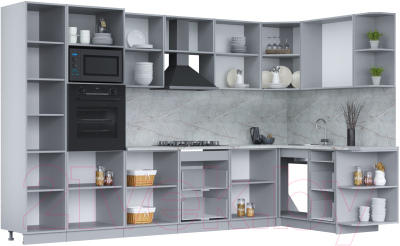 Кухонный гарнитур Интерлиния Мила Лайт 1.68x3.4 правая (персидский жемчуг/антрацит/травертин серый)