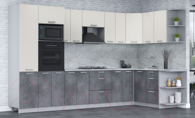 Кухонный гарнитур Интерлиния Мила Лайт 1.68x3.4 правая (персидский жемчуг/антрацит/травертин серый)