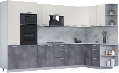 Кухонный гарнитур Интерлиния Мила Лайт 1.68x3.4 правая (персидский жемчуг/бетон портленд/серый каспий) - фото