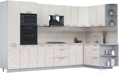 Кухонный гарнитур Интерлиния Мила Лайт 1.68x3.4 правая (персидский жемчуг/персидский жемчуг/травертин серый) - фото
