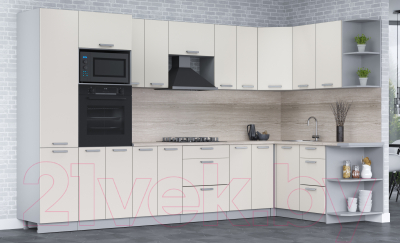 Кухонный гарнитур Интерлиния Мила Лайт 1.68x3.4 правая (персидский жемчуг/персидский жемчуг/травертин серый)