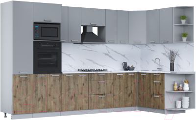 Кухонный гарнитур Интерлиния Мила Лайт 1.68x3.4 правая (серебро/дуб веллингтон/белый гранит) - фото