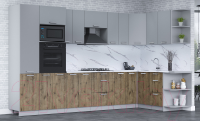 Кухонный гарнитур Интерлиния Мила Лайт 1.68x3.4 правая (серебро/дуб веллингтон/белый гранит)