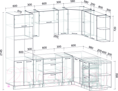 Кухонный гарнитур Интерлиния Мила Лайт 1.88x2.4 правая (белый платинум/дуб веллингтон/белый гранит)