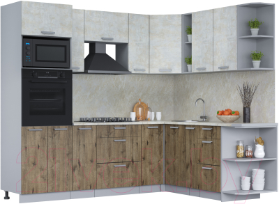 Кухонный гарнитур Интерлиния Мила Лайт 1.88x2.4 правая (бетон лайт/дуб веллингтон/опал светлый) - фото