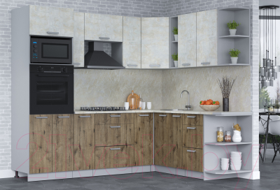 Кухонный гарнитур Интерлиния Мила Лайт 1.88x2.4 правая (бетон лайт/дуб веллингтон/опал светлый)