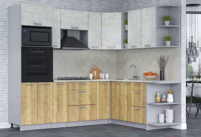 Кухонный гарнитур Интерлиния Мила Лайт 1.88x2.4 правая (бетон лайт/дуб золотой/опал светлый)