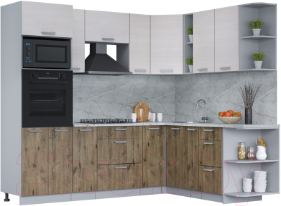 Кухонный гарнитур Интерлиния Мила Лайт 1.88x2.4 правая (вудлайн кремовый/дуб веллингтон/серый каспий) - фото