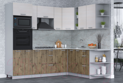 Кухонный гарнитур Интерлиния Мила Лайт 1.88x2.4 правая (вудлайн кремовый/дуб веллингтон/серый каспий)