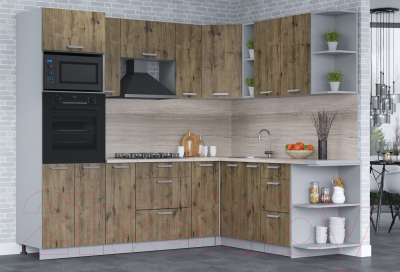 Кухонный гарнитур Интерлиния Мила Лайт 1.88x2.4 правая (дуб веллингтон/дуб веллингтон/травертин серый)